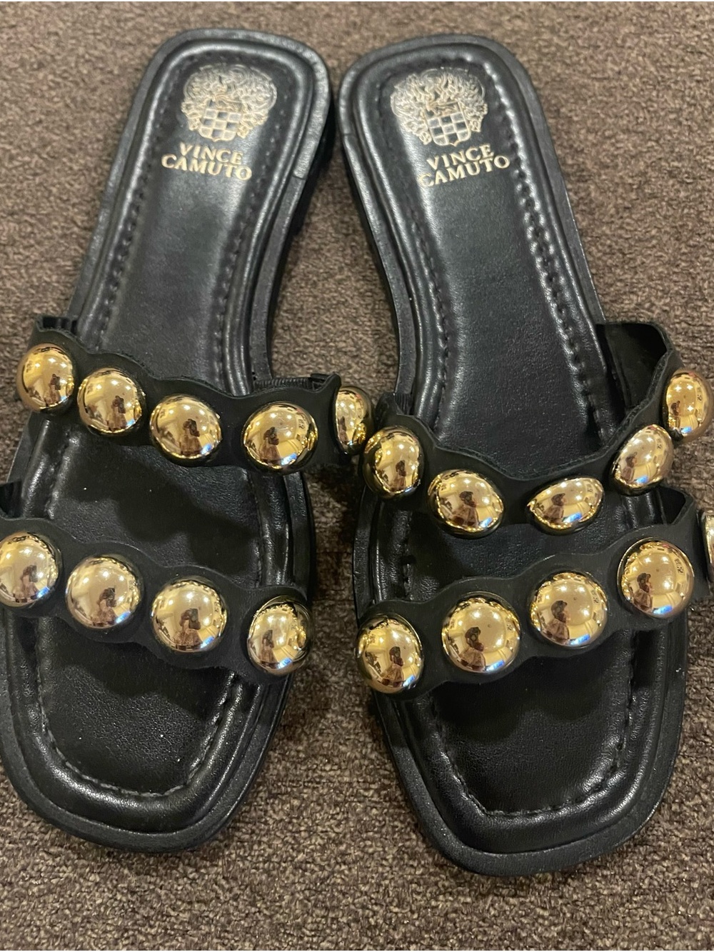 Vince Camuto Black Slide Sandals with Gold Domed Studs